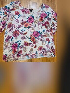 a.n.a White Floral Puff Sleeve Top with Pink & Teal Bouquet Print